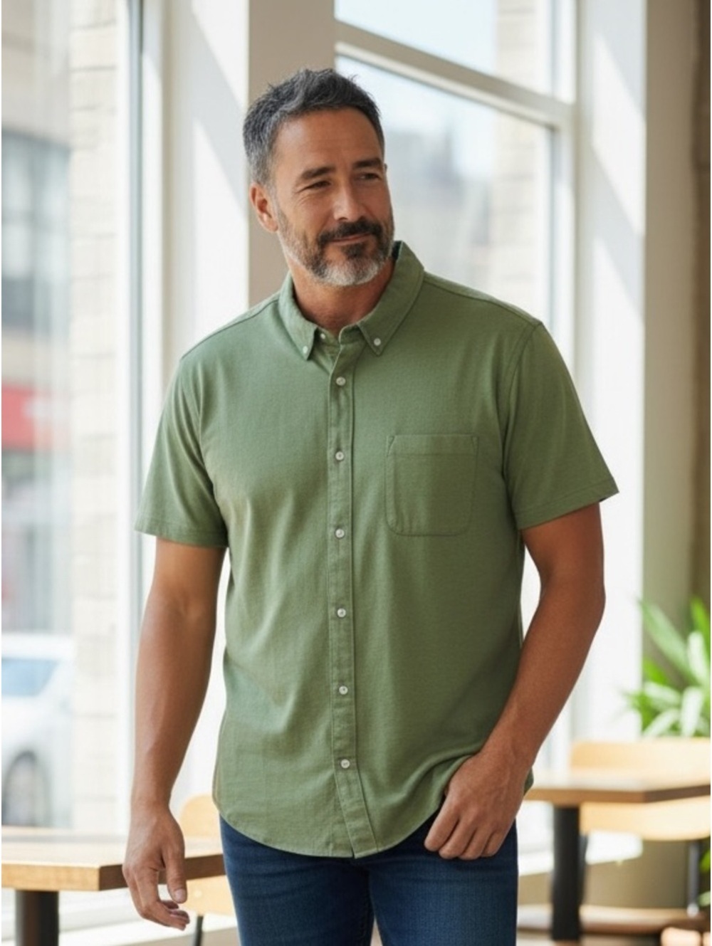 George Men’s 2XL Olive Green Button Front Shirt Short Sleeve Cotton Blend NWT
